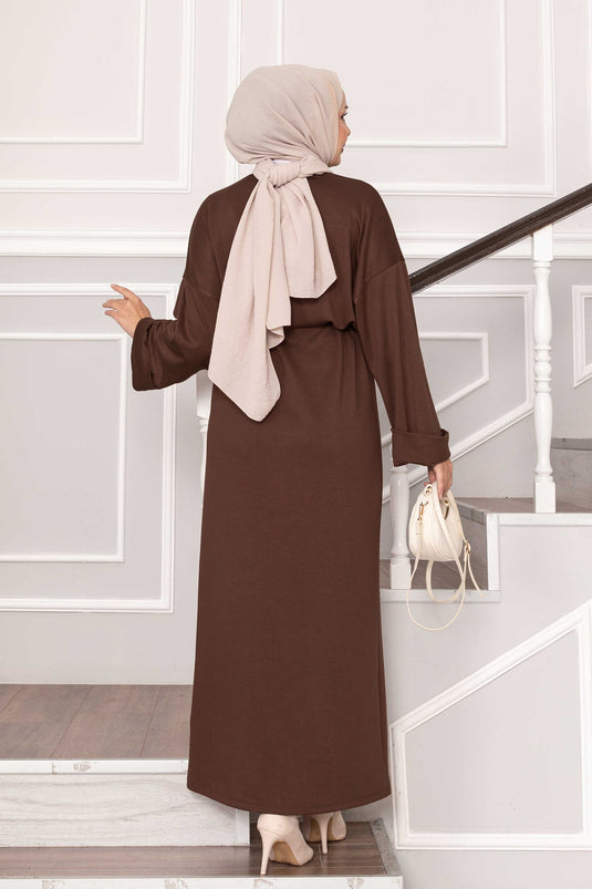 Oysho Kleid mit gefalteten Ärmeldetails und abnehmbarem Gürtel, Braun