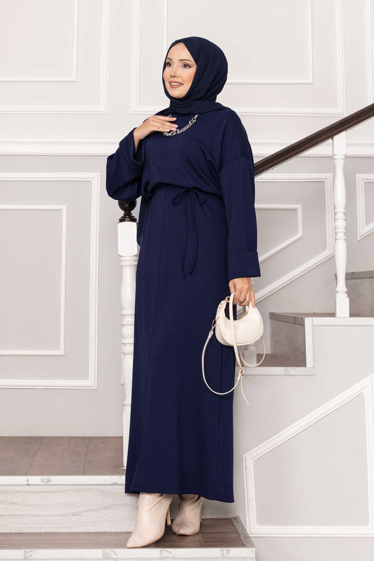 Kolu Katlama Detaylı Seyyar Kuşaklı Oyşo Elbise Lacivert