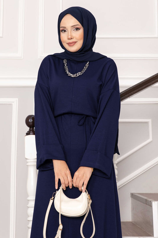 Kolu Katlama Detaylı Seyyar Kuşaklı Oyşo Elbise Lacivert