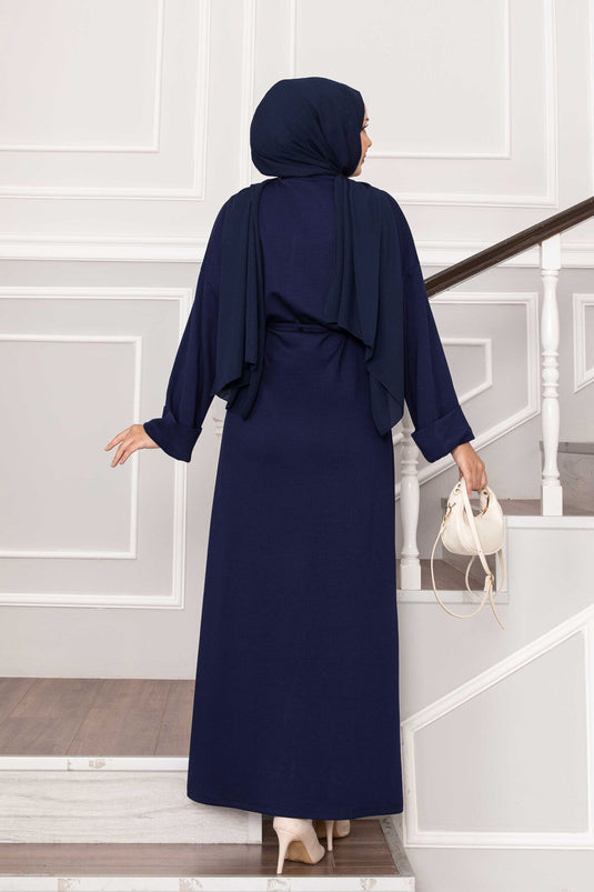 Kolu Katlama Detaylı Seyyar Kuşaklı Oyşo Elbise Lacivert