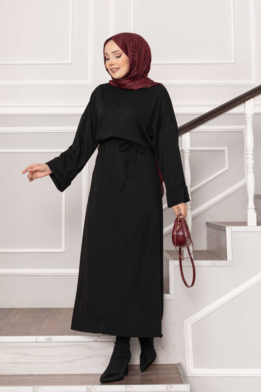 Oysho Kleid mit gefalteten Ärmeldetails und abnehmbarem Gürtel, Schwarz