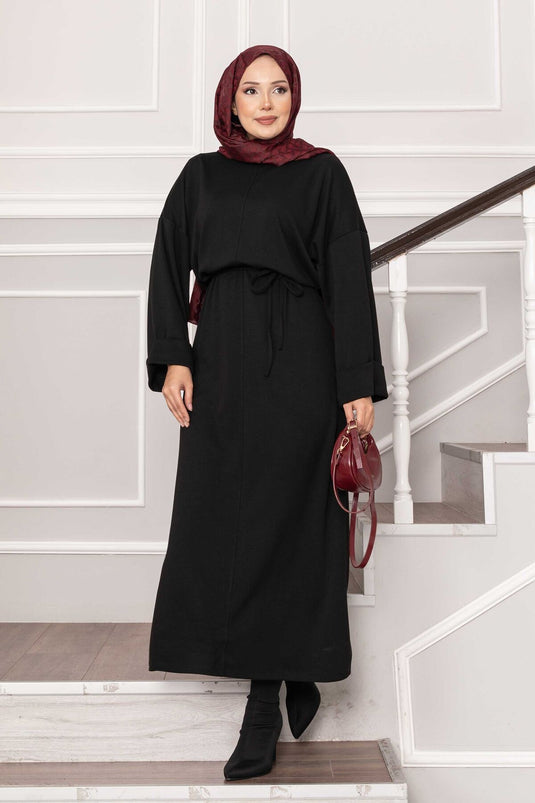 Oysho Kleid mit gefalteten Ärmeldetails und abnehmbarem Gürtel, Schwarz