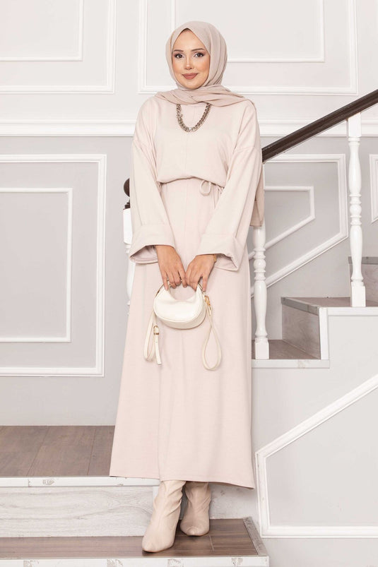 Oysho Kleid mit gefalteten Ärmeldetails und abnehmbarem Gürtel, Stein