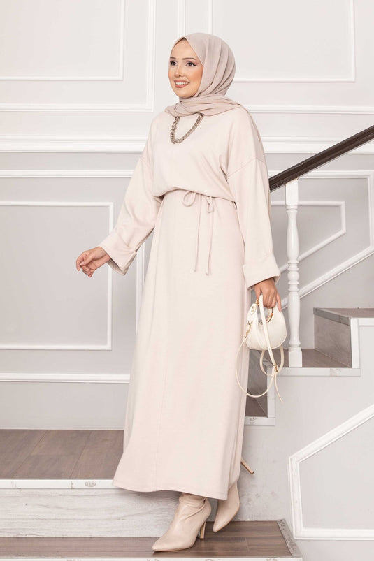 Oysho Kleid mit gefalteten Ärmeldetails und abnehmbarem Gürtel, Stein