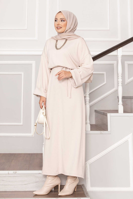 Oysho Kleid mit gefalteten Ärmeldetails und abnehmbarem Gürtel, Stein