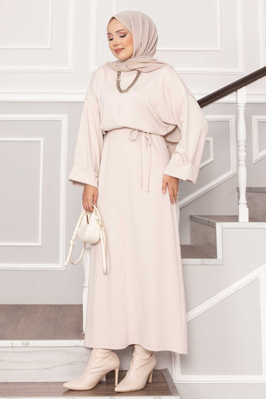 Oysho Kleid mit gefalteten Ärmeldetails und abnehmbarem Gürtel, Stein