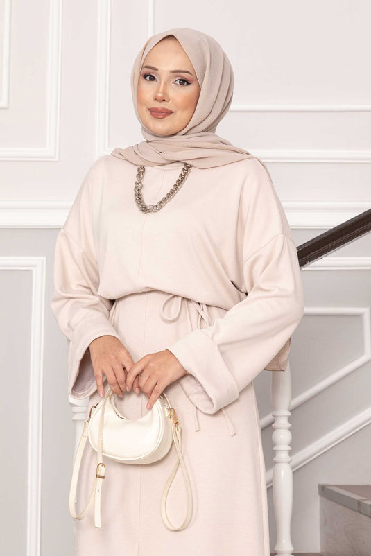 Oysho Kleid mit gefalteten Ärmeldetails und abnehmbarem Gürtel, Stein