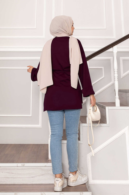 Tunique Oysho à manches repliées et ceinture, bordeaux