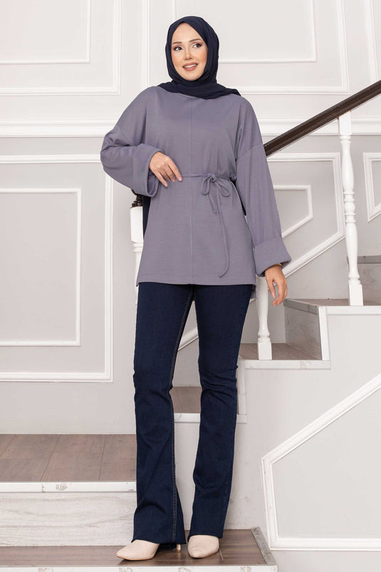 Oysho Tunic with Folded Sleeves and Belt, Gray