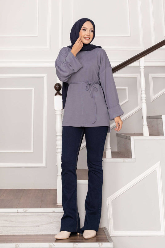 Oysho Tunic with Folded Sleeves and Belt, Gray