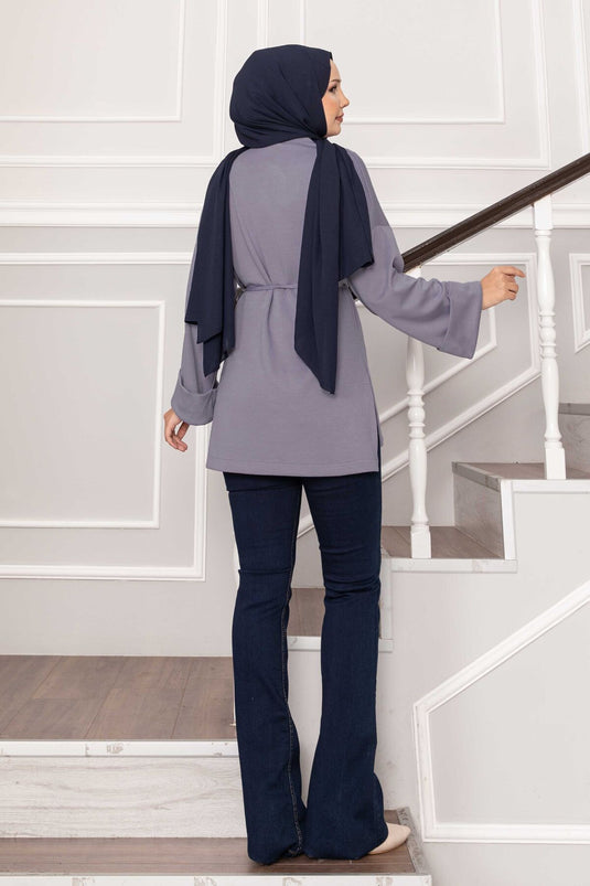 Oysho Tunic with Folded Sleeves and Belt, Gray