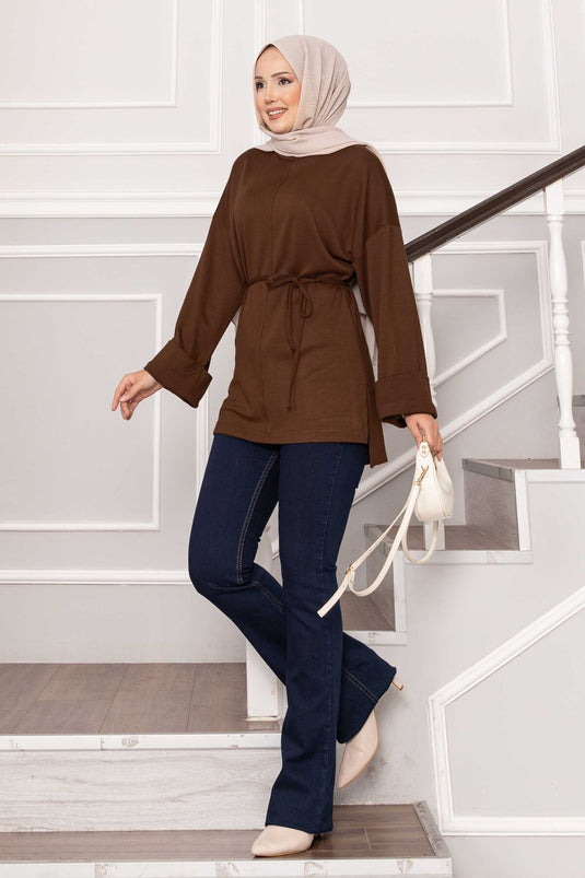 Oysho Tunic with Folded Sleeves and Belt, Brown