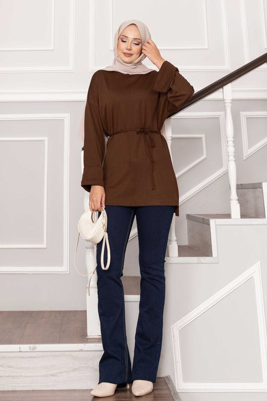 Oysho Tunic with Folded Sleeves and Belt, Brown