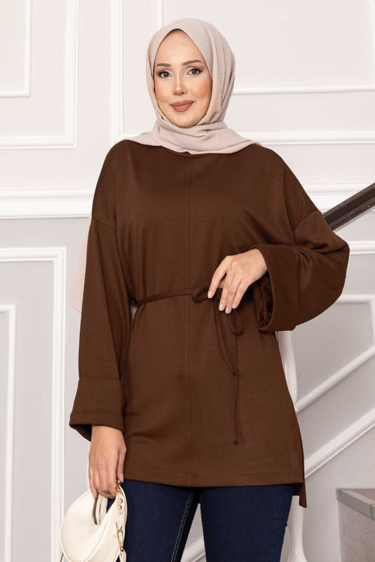 Oysho Tunic with Folded Sleeves and Belt, Brown