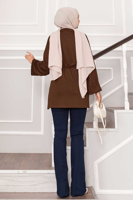 Oysho Tunic with Folded Sleeves and Belt, Brown