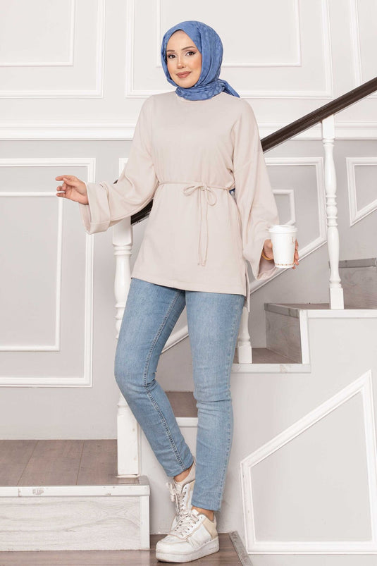 Tunique Oysho à manches repliées et ceinture, crème