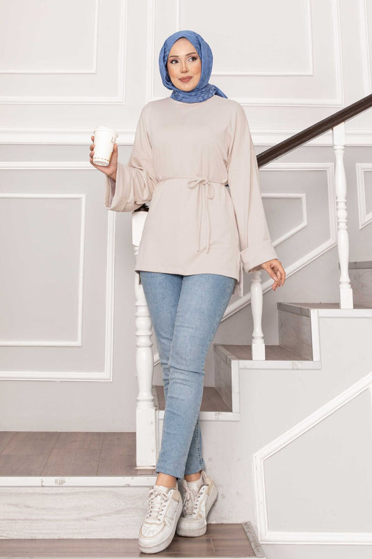 Tunique Oysho à manches repliées et ceinture, crème