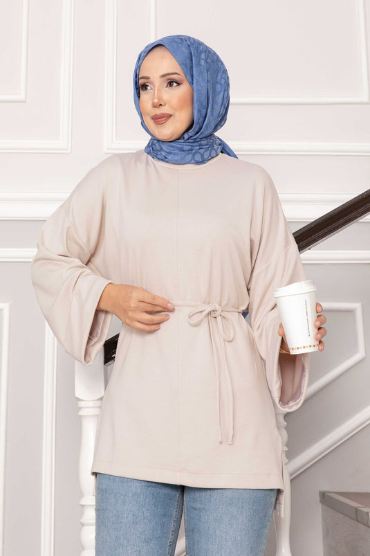 Tunique Oysho à manches repliées et ceinture, crème