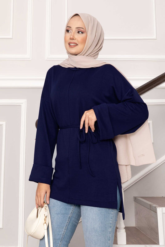 Kolu Katlamalı Kuşaklı Oyşo Tunik Lacivert