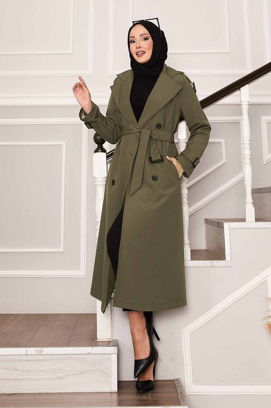 Kolu Kemer Detaylı Su Geçirmez Trenç Haki