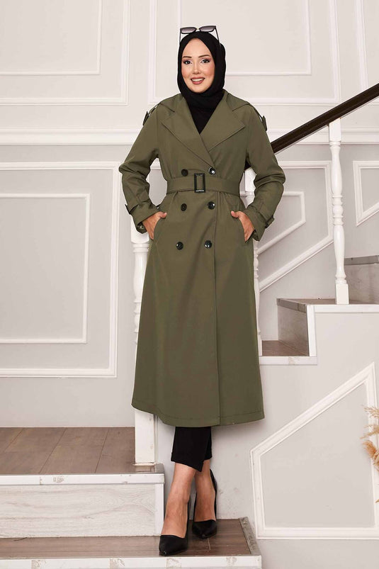 Kolu Kemer Detaylı Su Geçirmez Trenç Haki