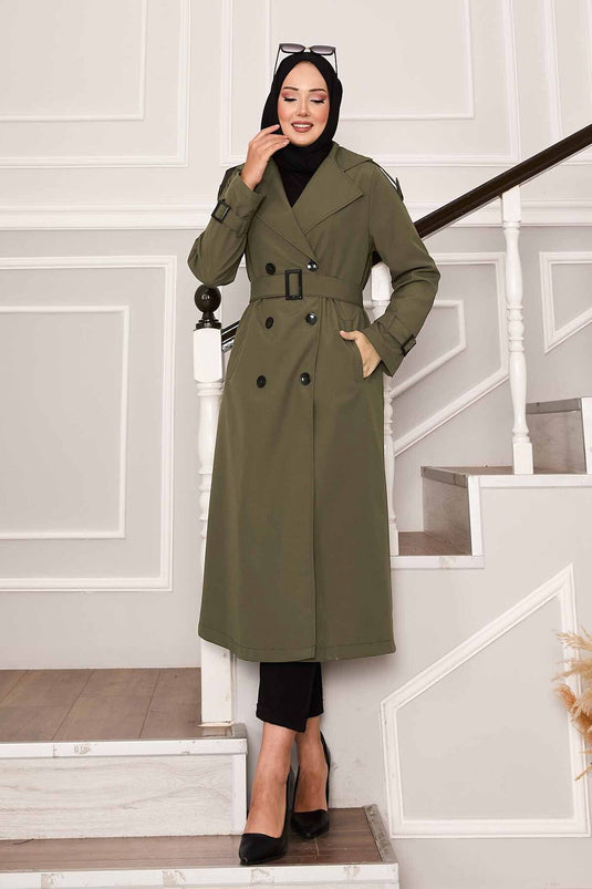 Kolu Kemer Detaylı Su Geçirmez Trenç Haki