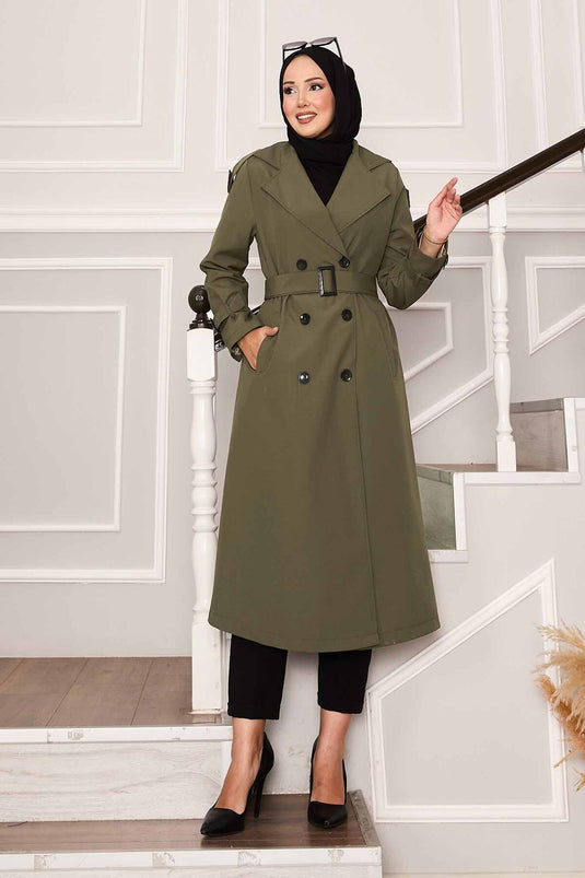 Kolu Kemer Detaylı Su Geçirmez Trenç Haki