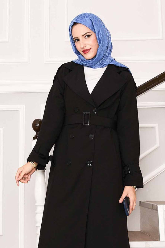 معطف ترنش مقاوم للماء مع تفاصيل حزام على الأكمام، أسود