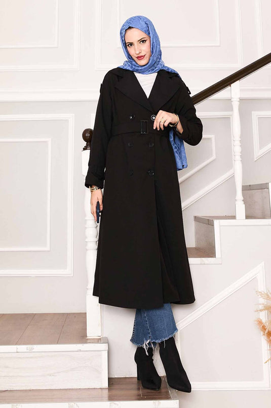 Kolu Kemer Detaylı Su Geçirmez Trenç Siyah