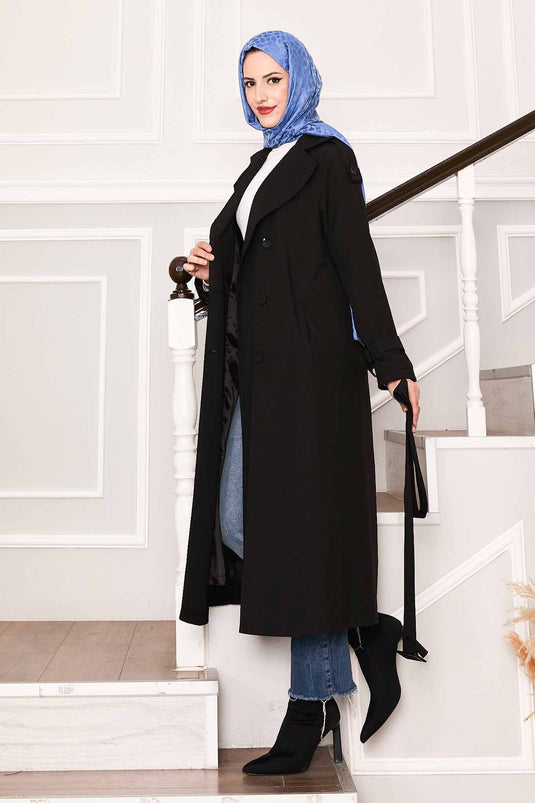 Trench Imperméable Noir Avec Ceinture Aux Manches