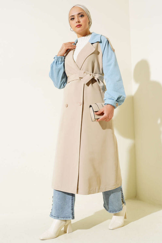 Beige Trench Coat with Sleeve Detail