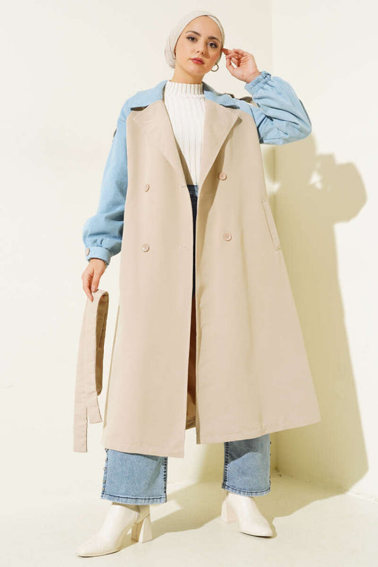 Beige Trench Coat with Sleeve Detail