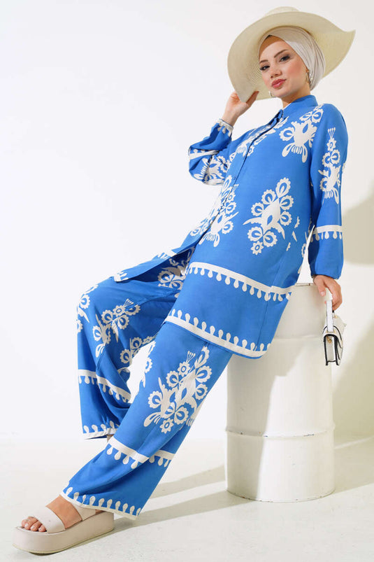 Kolu Lastikli Desenli İkili Takım Mavi