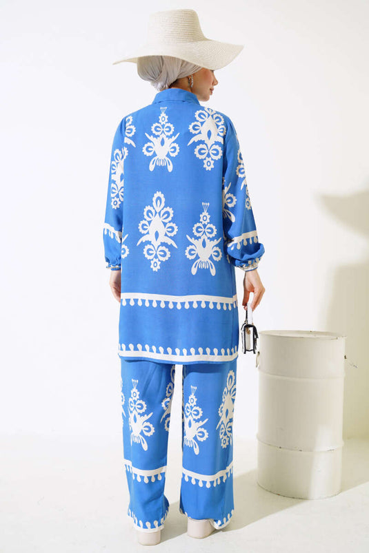 Kolu Lastikli Desenli İkili Takım Mavi