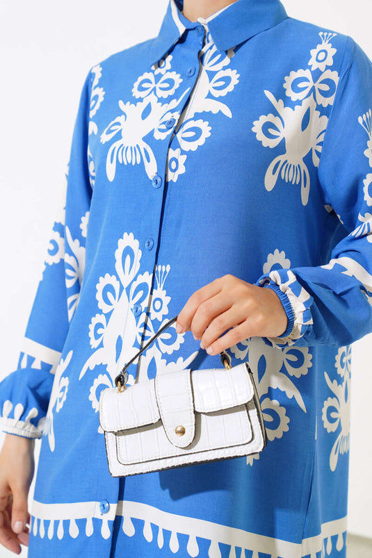 Kolu Lastikli Desenli İkili Takım Mavi