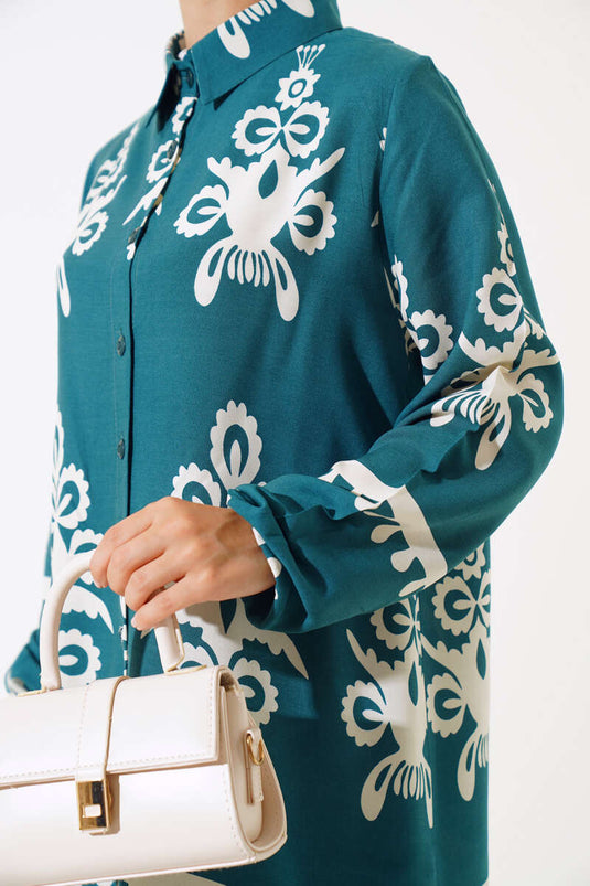 Sleeve Elastic Patterned Two-Piece Set Emerald