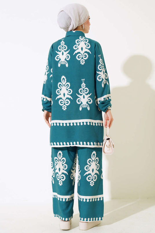 Sleeve Elastic Patterned Two-Piece Set Emerald