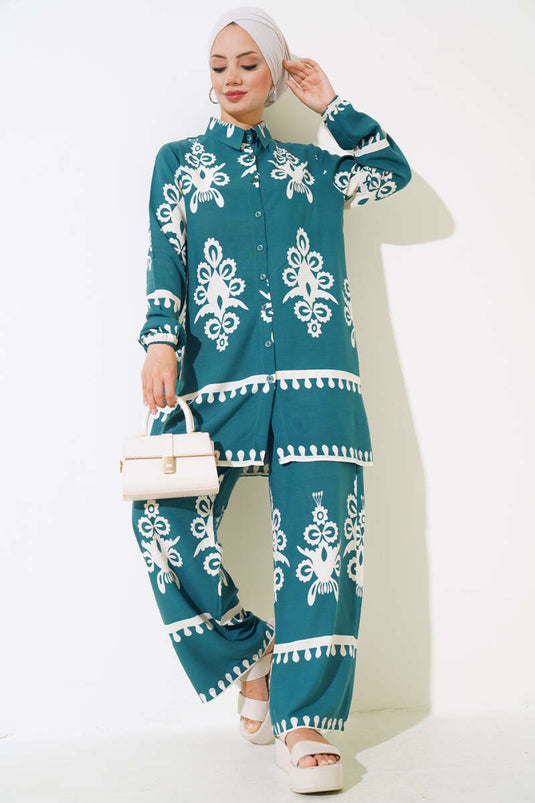 Sleeve Elastic Patterned Two-Piece Set Emerald