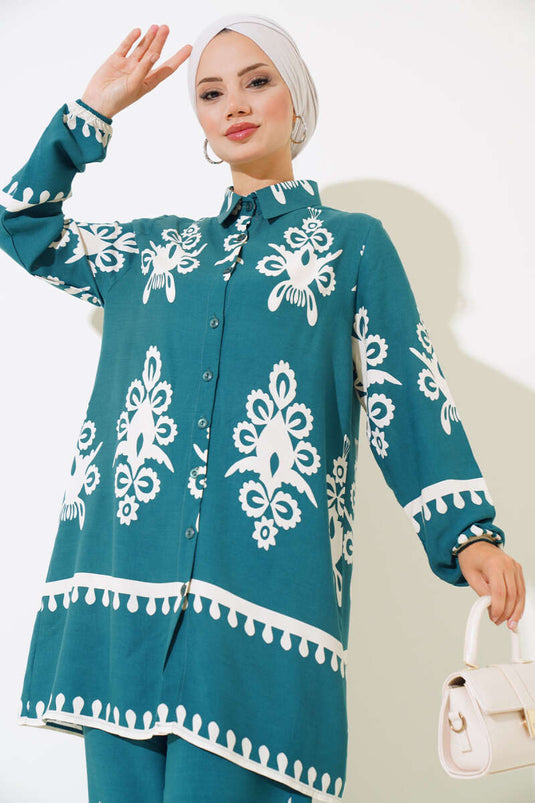 Sleeve Elastic Patterned Two-Piece Set Emerald