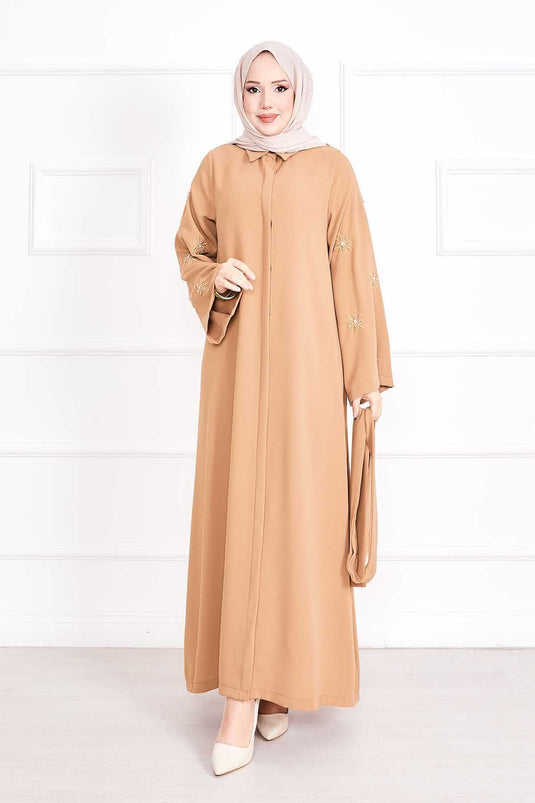 Embroidered Pearl Detailed Removable Belted Abaya Camel