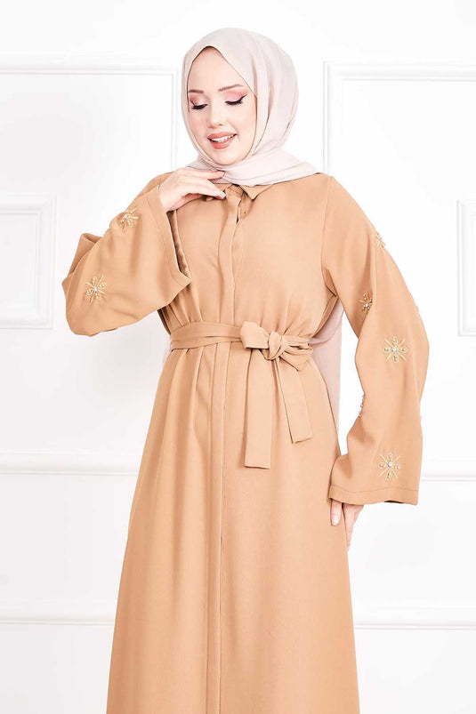 Embroidered Pearl Detailed Removable Belted Abaya Camel