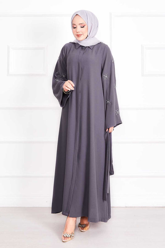 Gray Abaya with Embroidered Sleeves, Pearl Details, and Detachable Belt.