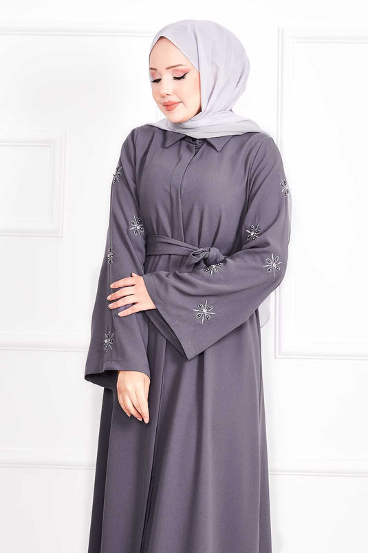Gray Abaya with Embroidered Sleeves, Pearl Details, and Detachable Belt.