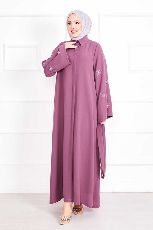 Embroidered Pearl Detailed Sleeve Removable Belted Abaya Rose Dusty