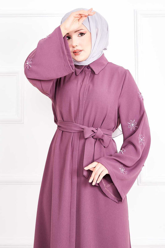Embroidered Pearl Detailed Sleeve Removable Belted Abaya Rose Dusty