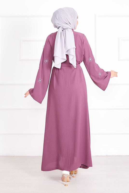 Embroidered Pearl Detailed Sleeve Removable Belted Abaya Rose Dusty