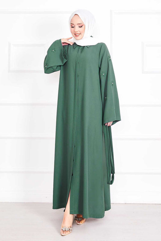 Embroidered Pearl Detailed Removable Belted Abaya Khaki