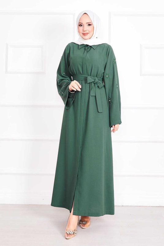 Embroidered Pearl Detailed Removable Belted Abaya Khaki