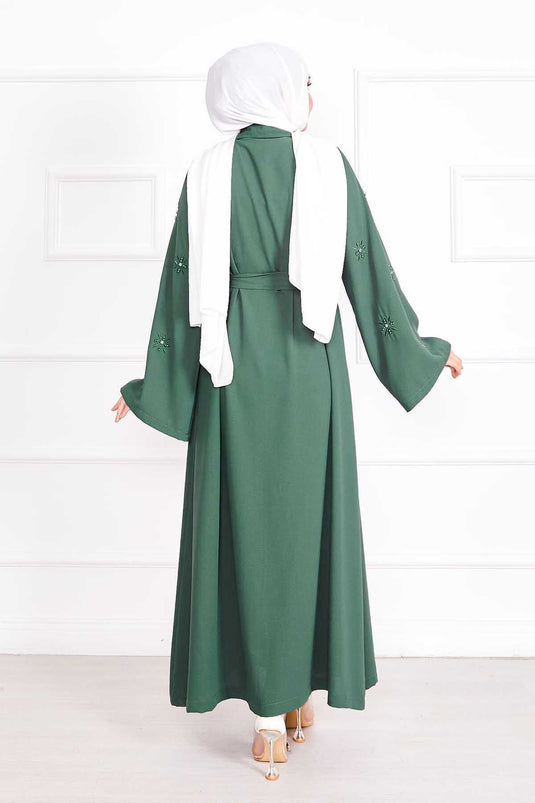 Embroidered Pearl Detailed Removable Belted Abaya Khaki