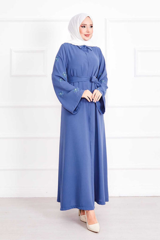 Embroidered Pearl Detailed Removable Belted Abaya Indigo